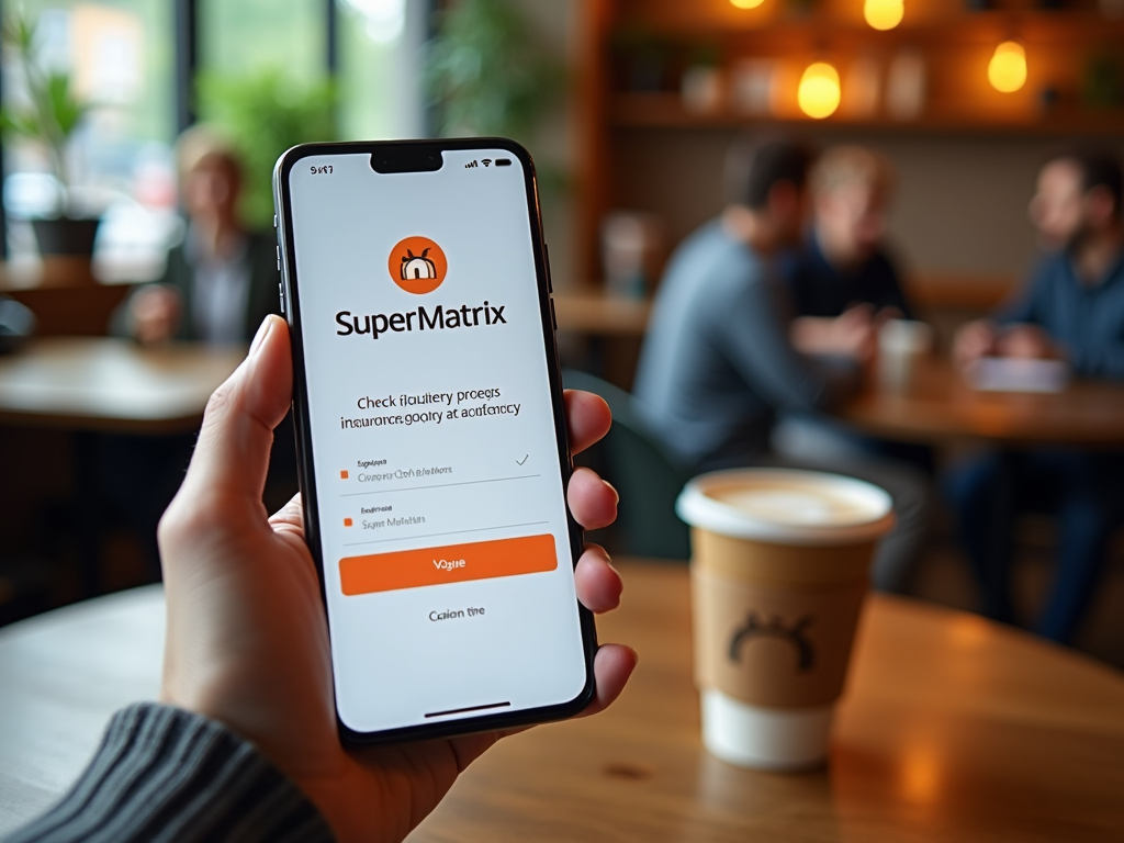 Рука держит смартфон с приложением SuperMatrix в кафе, на фоне люди и кофе.