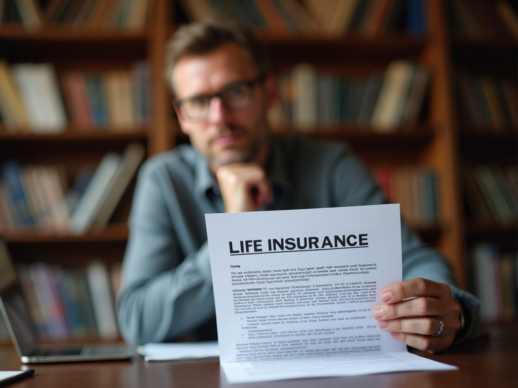 Мужчина в очках показывает документ с надписью "LIFE INSURANCE" в библиотеке.